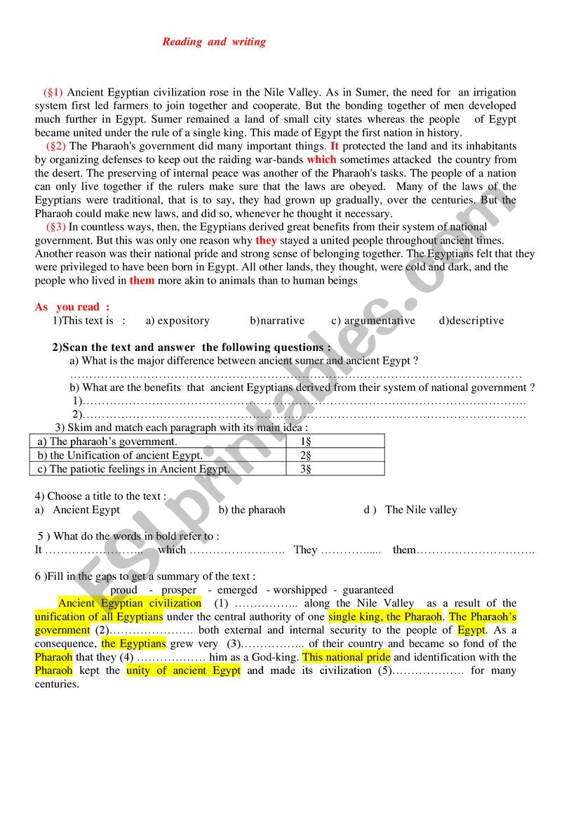 Eploring the past Egypt worksheet