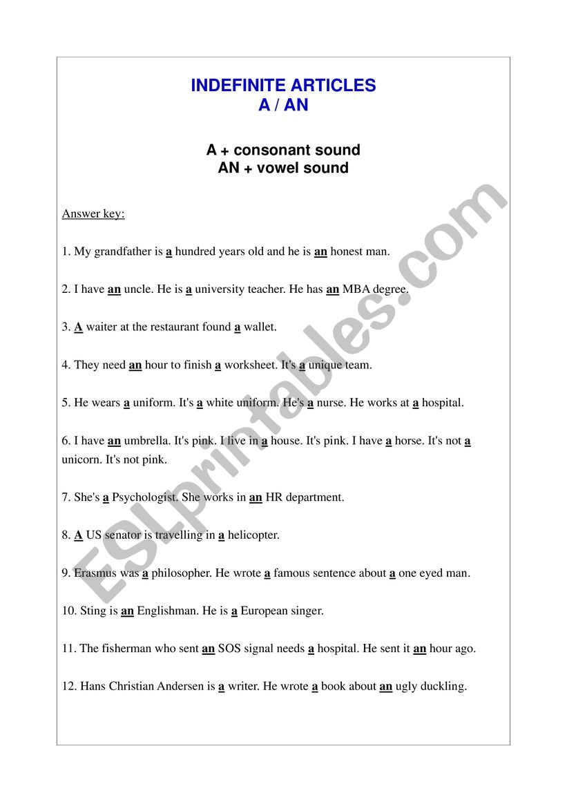 Indefinite Articles worksheet