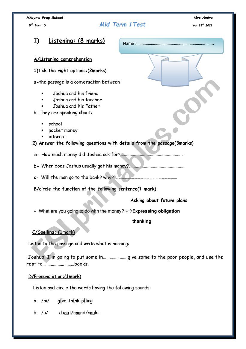 mid term 1 test 9th formers worksheet