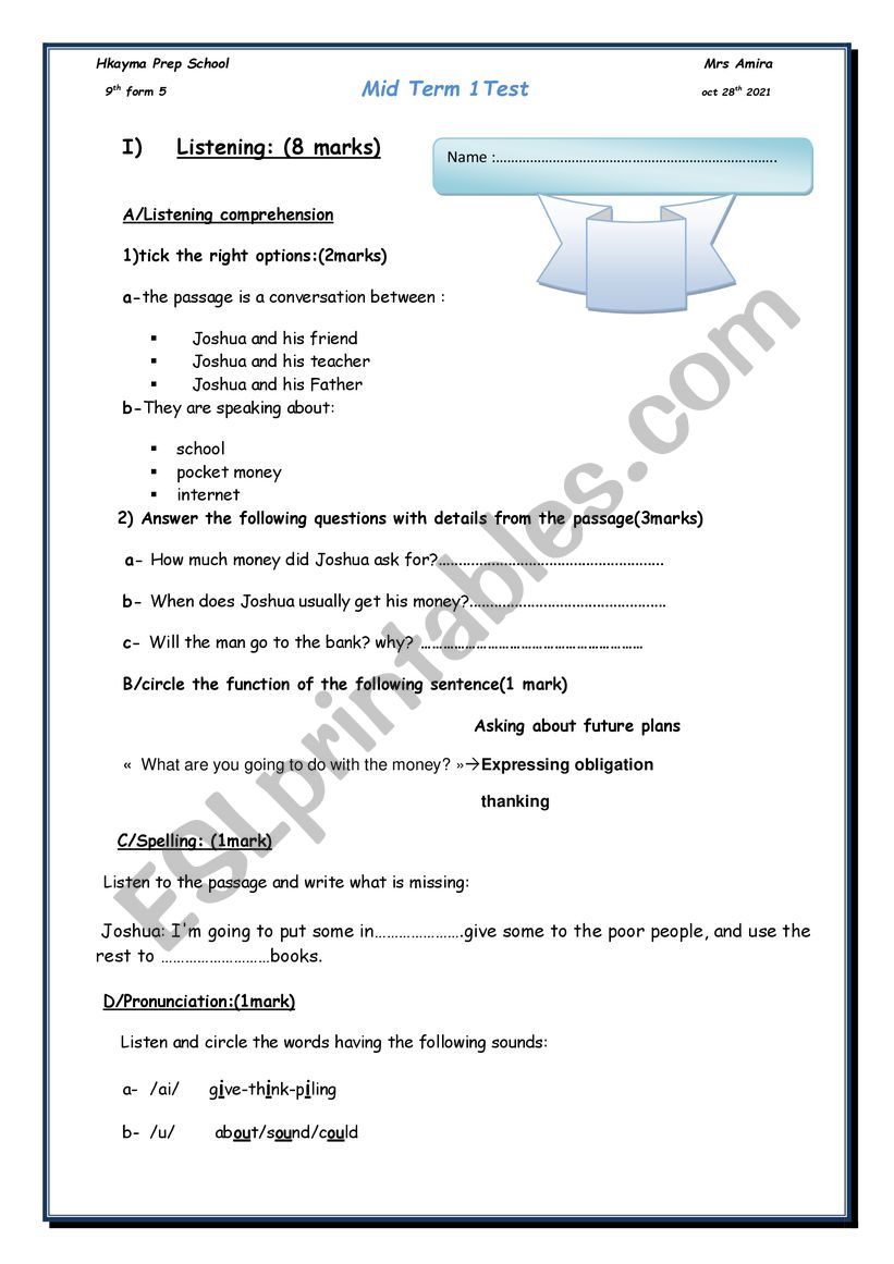 mid term 1 test 9th formers worksheet