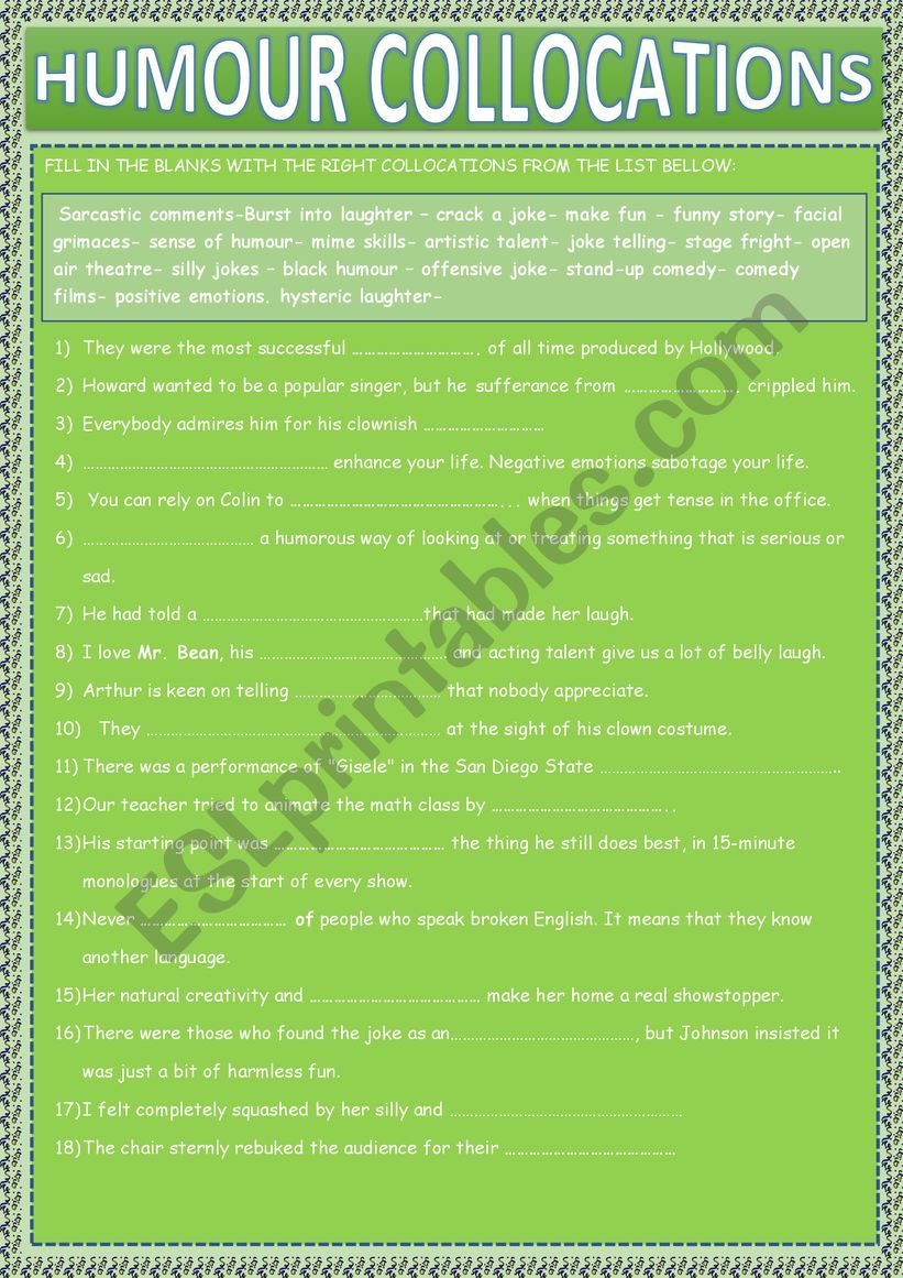 HUMOUR COLLOCATIONS worksheet