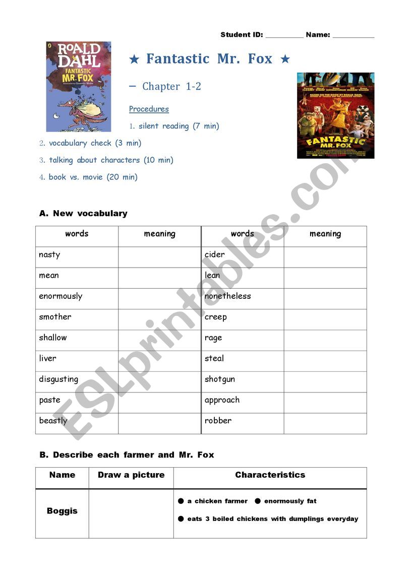 Fantastic Mr. Fox Chapter 1-2 worksheet