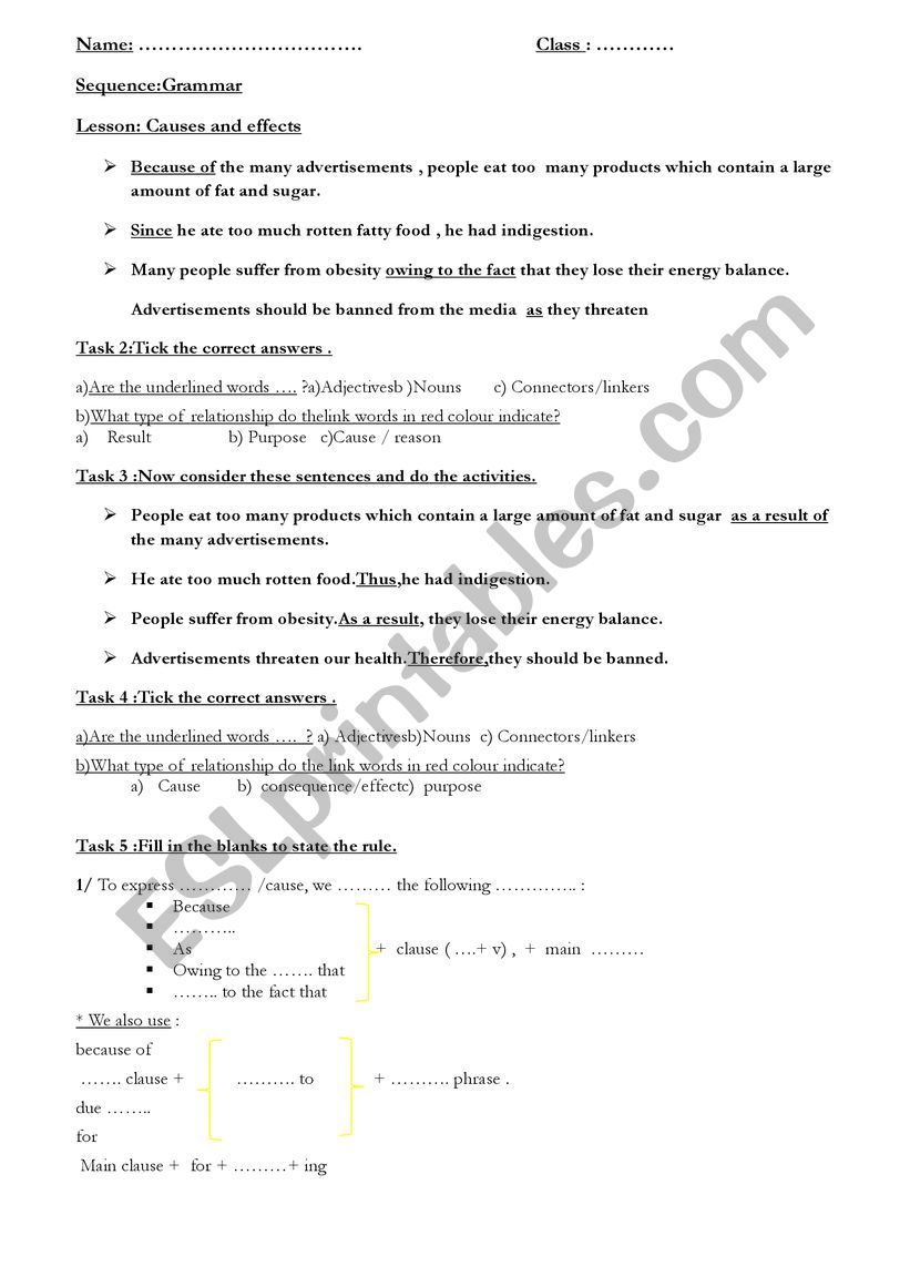 cause and effects worksheet