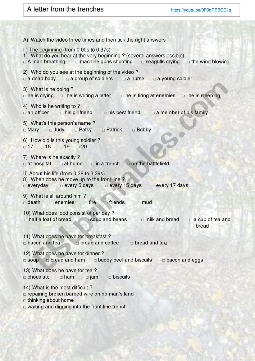 A letter from the trenches worksheet