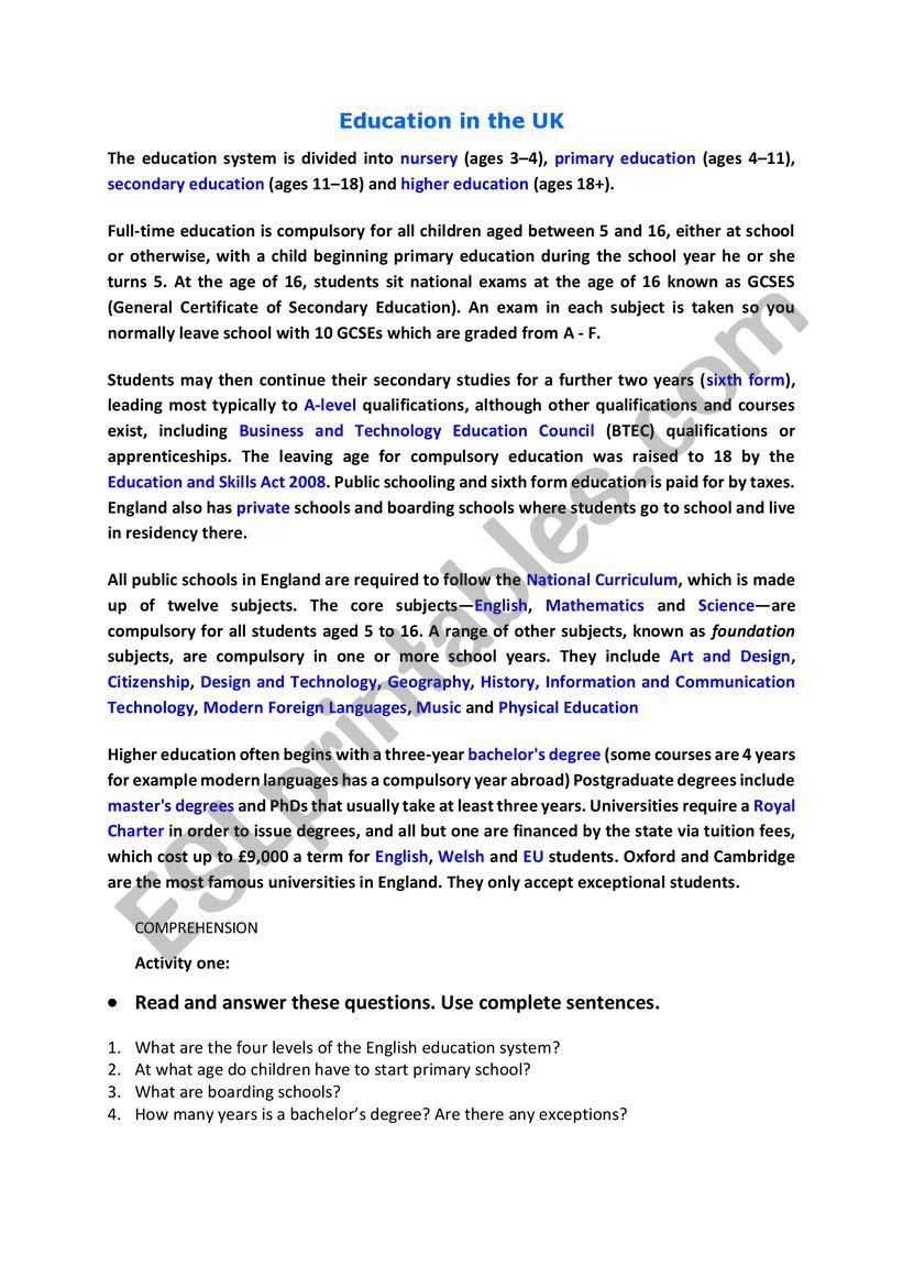 Education in the UK worksheet
