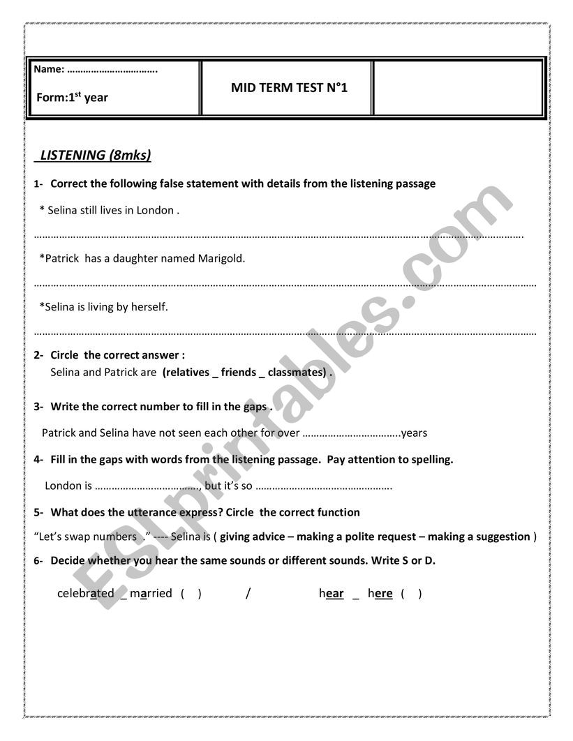 mid term test 1 - first form worksheet