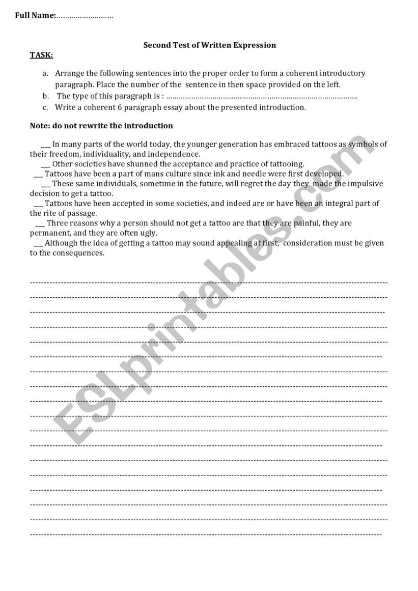 Writing Test worksheet