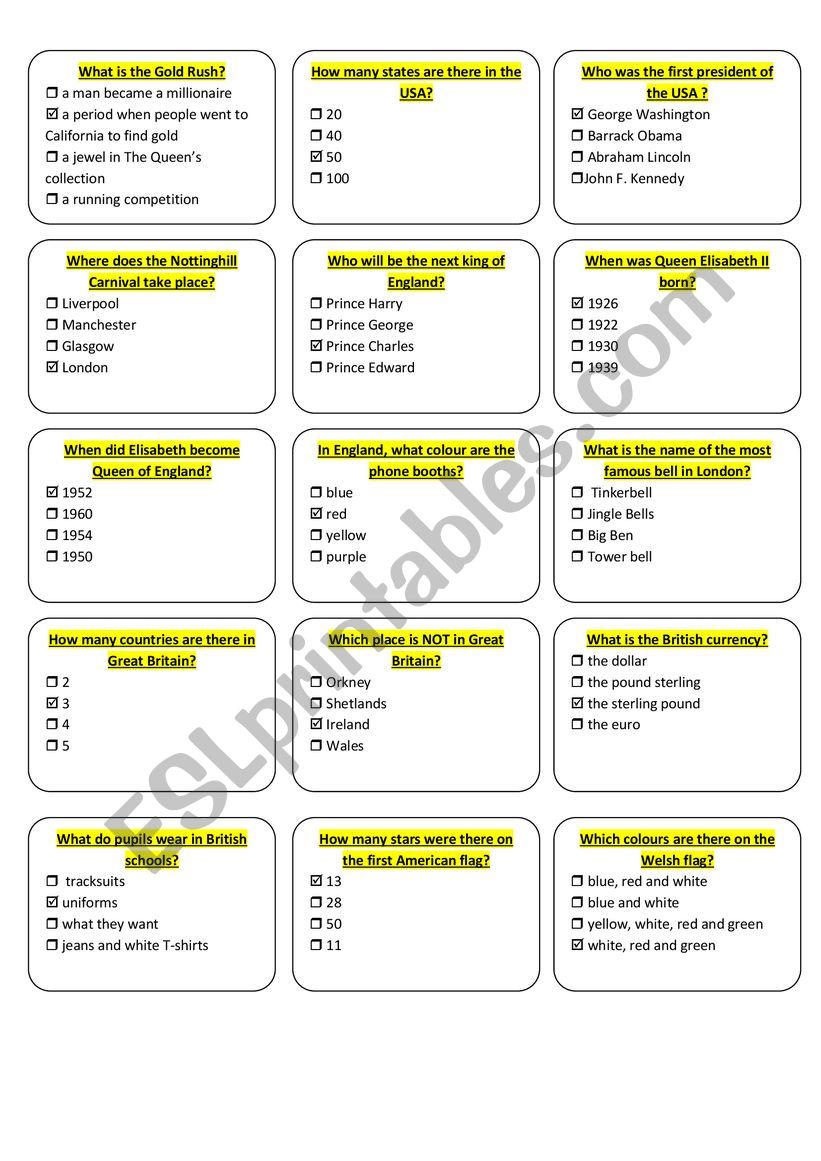 Quiz USA + UK worksheet