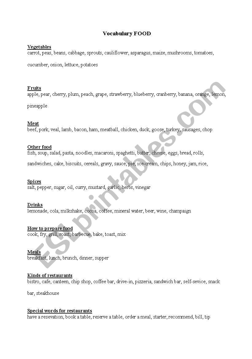 Vocabulary food worksheet