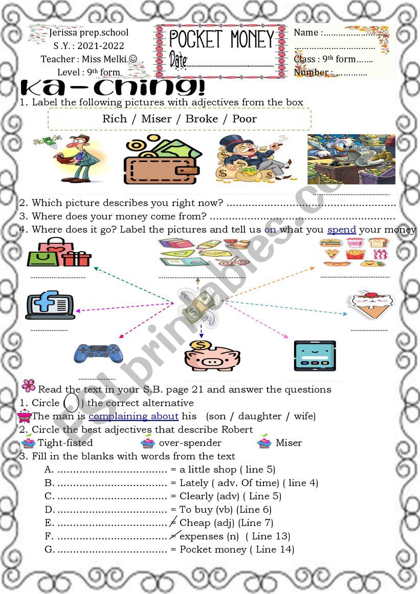 Pocket money 9th form worksheet