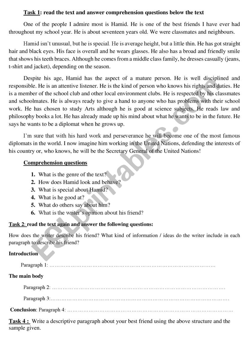 Descriptive Paragraph - ESL worksheet by abdmed