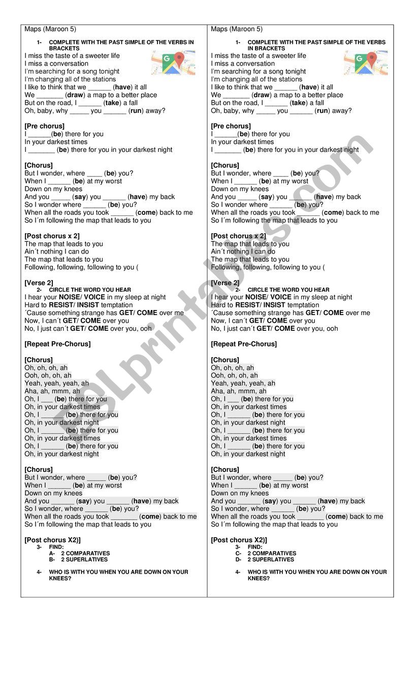 Maps Maroon 5 worksheet