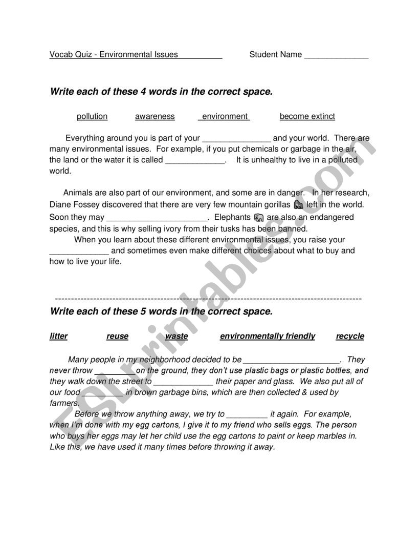 Vocab Quiz on the Environment worksheet