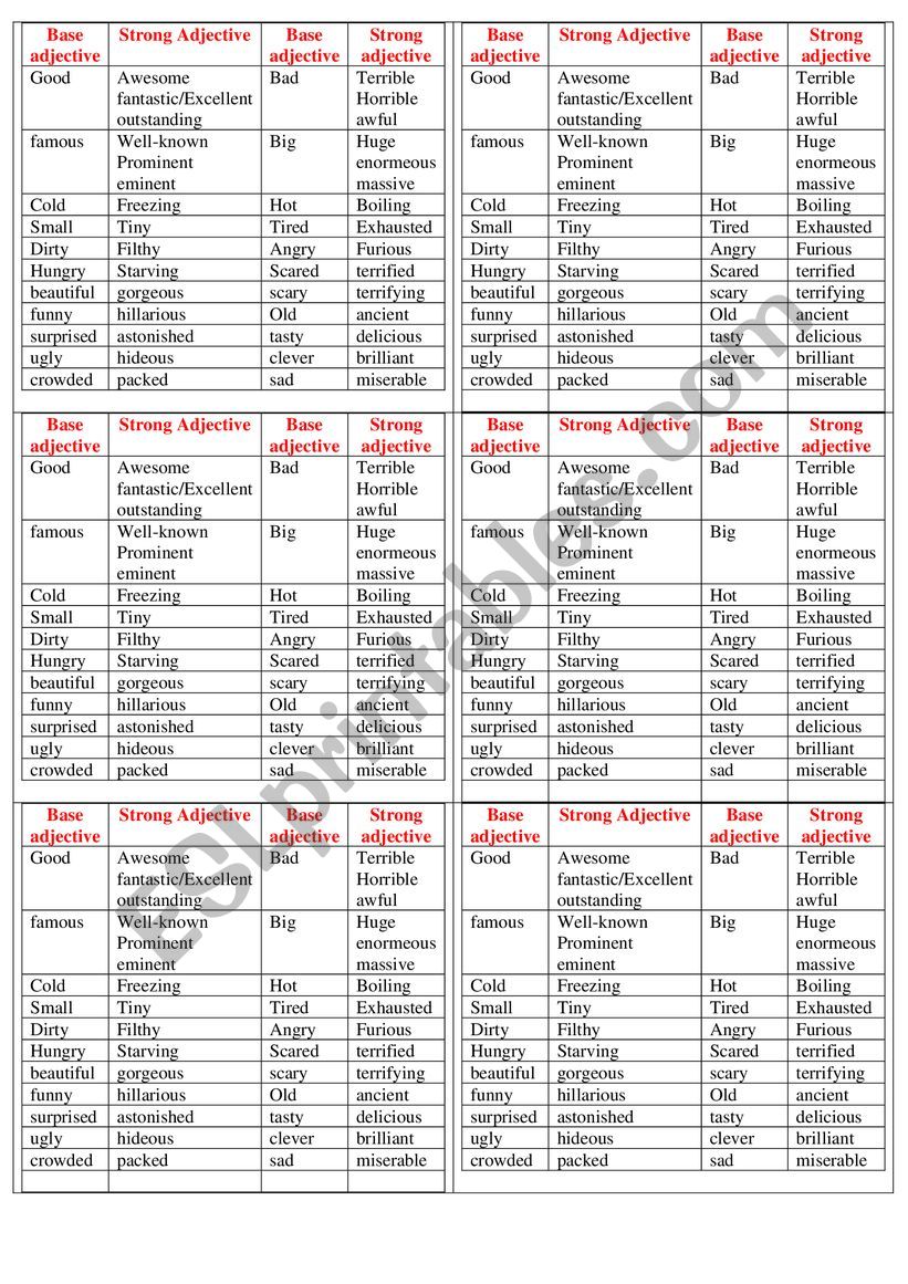 strong adjectives list worksheet