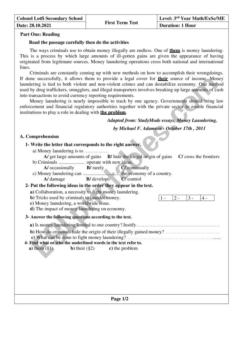 test on corruption worksheet