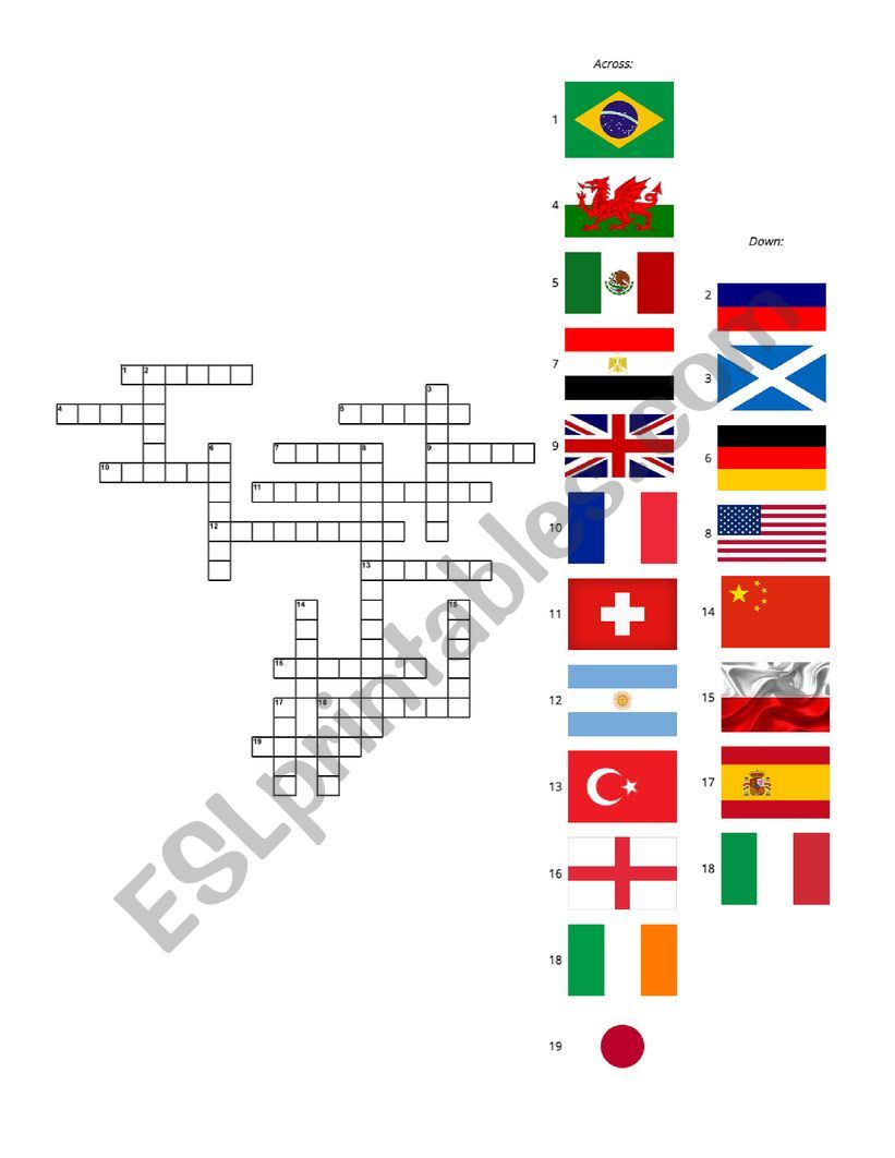 Countries-Flags Crossword worksheet