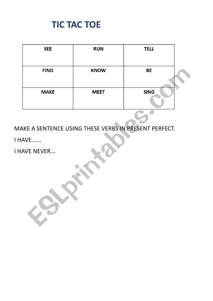 tic tac toe -present perfect worksheet