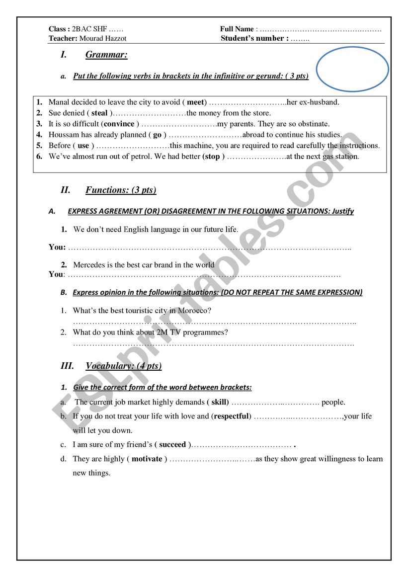 2 BAC  QUIZ  worksheet
