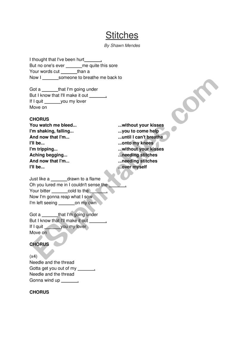 SONG: Stitches - Shawn Mendes worksheet