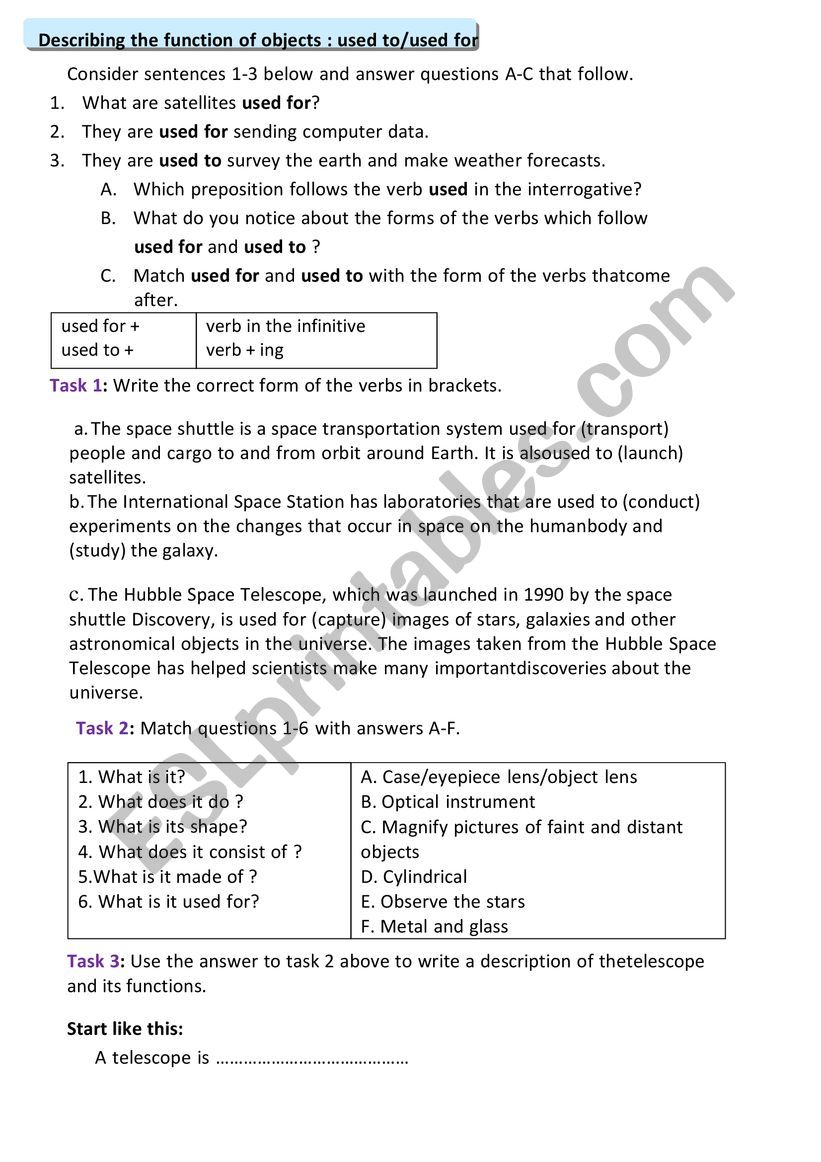 used to / used for worksheet