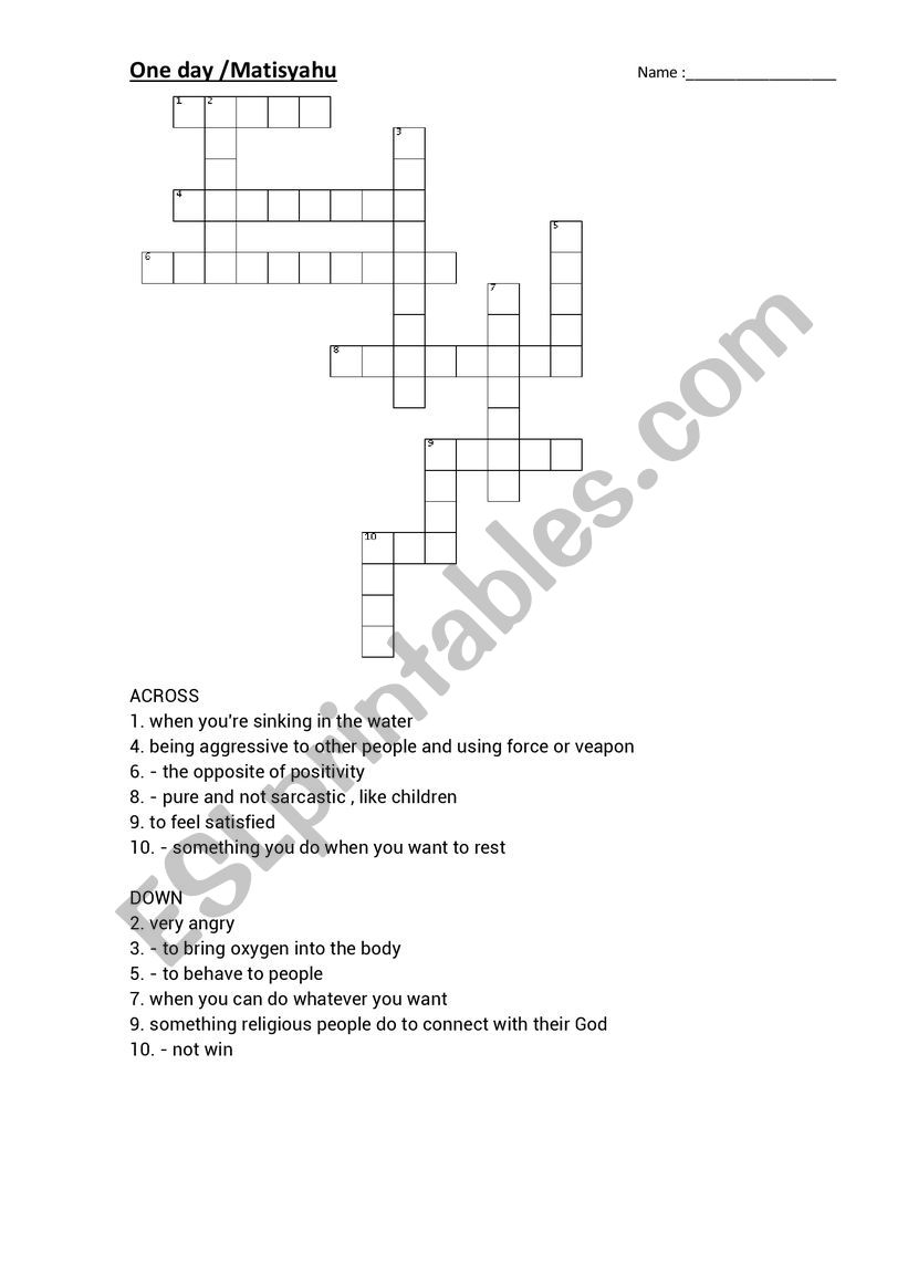 One day/Matisyahu crossword worksheet