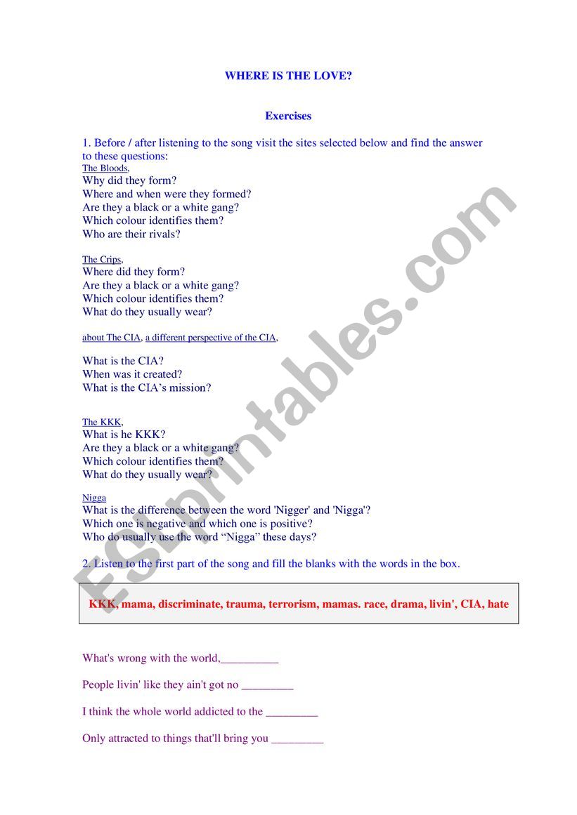 where is love song worksheet