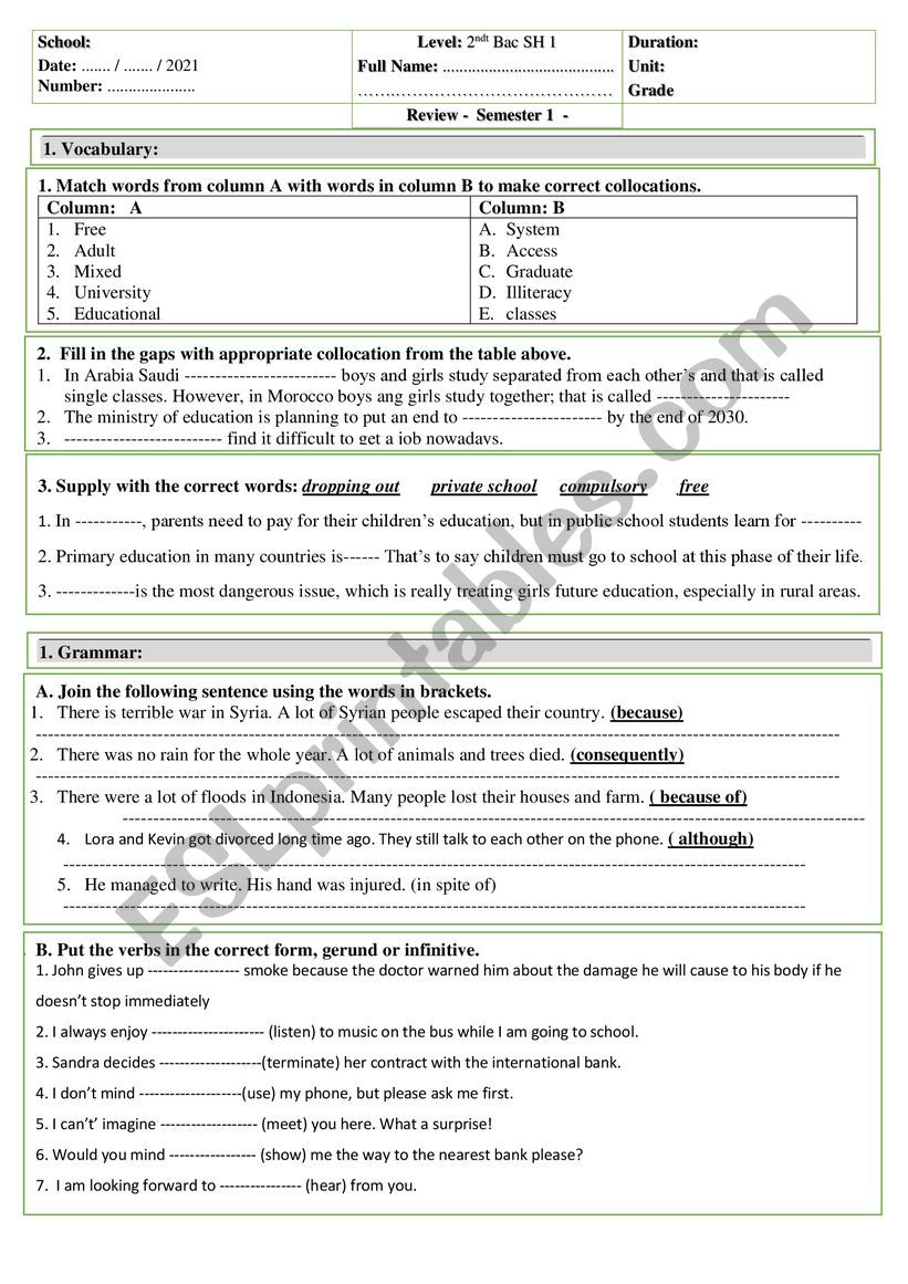 Review unit 1 Education 2 bac worksheet