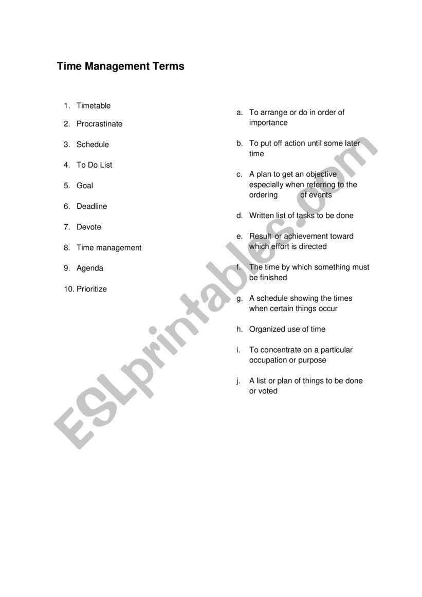 Time Management Terms worksheet