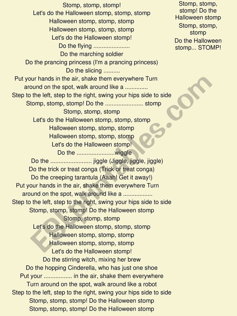 Halloween stomp by the bounce patrol - song worksheet