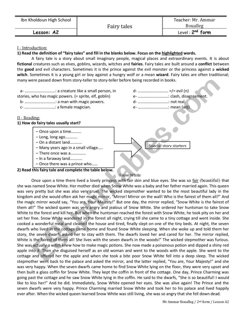 Lesson Arts 2 (Fairy Tales) worksheet