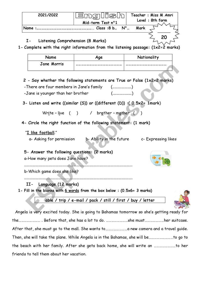 mid term Test n1 8th form (Phone call / Preparing for the trip)