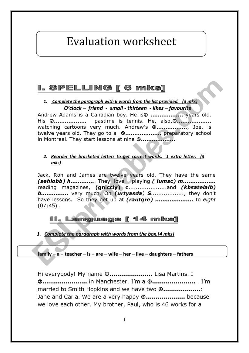 evatuationtest for sevnth graders