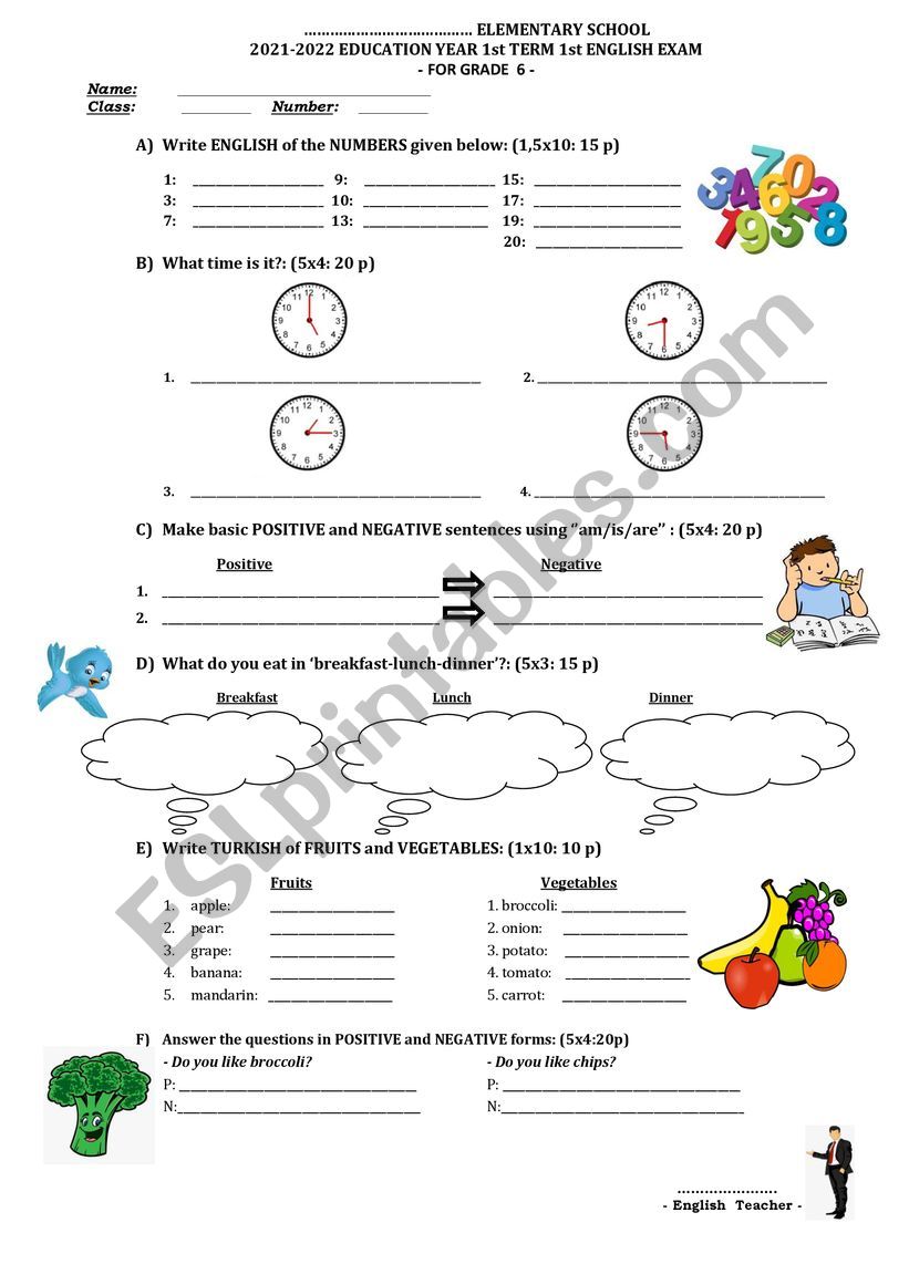 6th Grade Exam worksheet