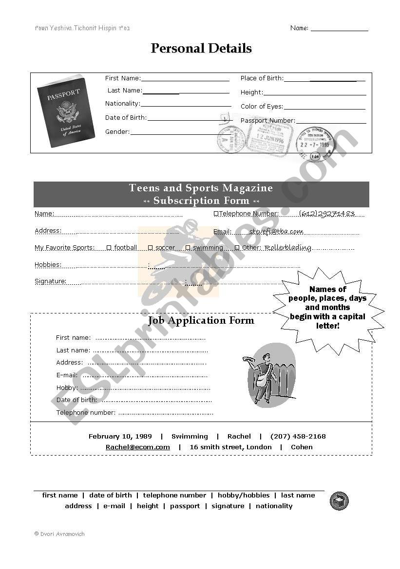 Personal Details worksheet