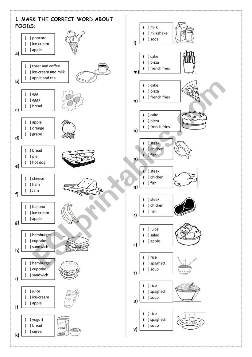 Drinks and food worksheet