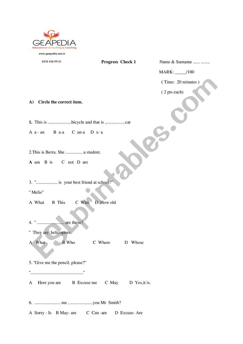 revision test  worksheet
