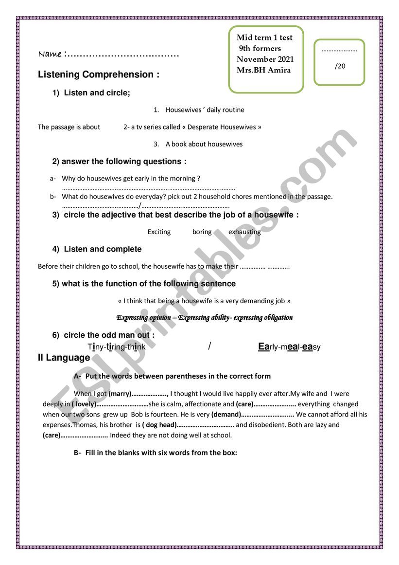 mid term 1 test  worksheet