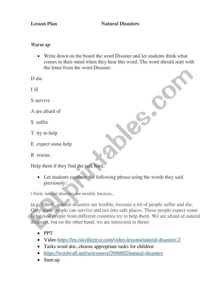 Natural disasters worksheet