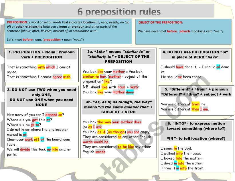 6 Common Preposition Rules worksheet