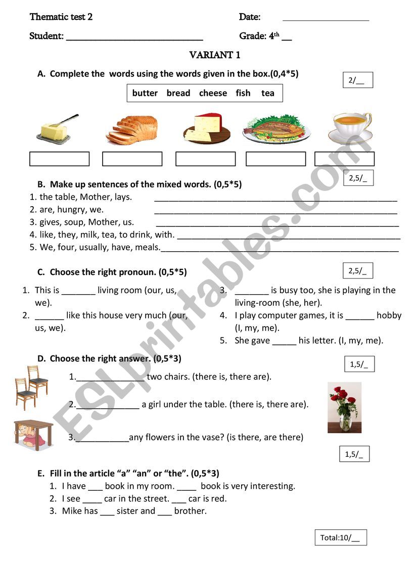 MEALS, PRONOUNS,  A AN THE  worksheet