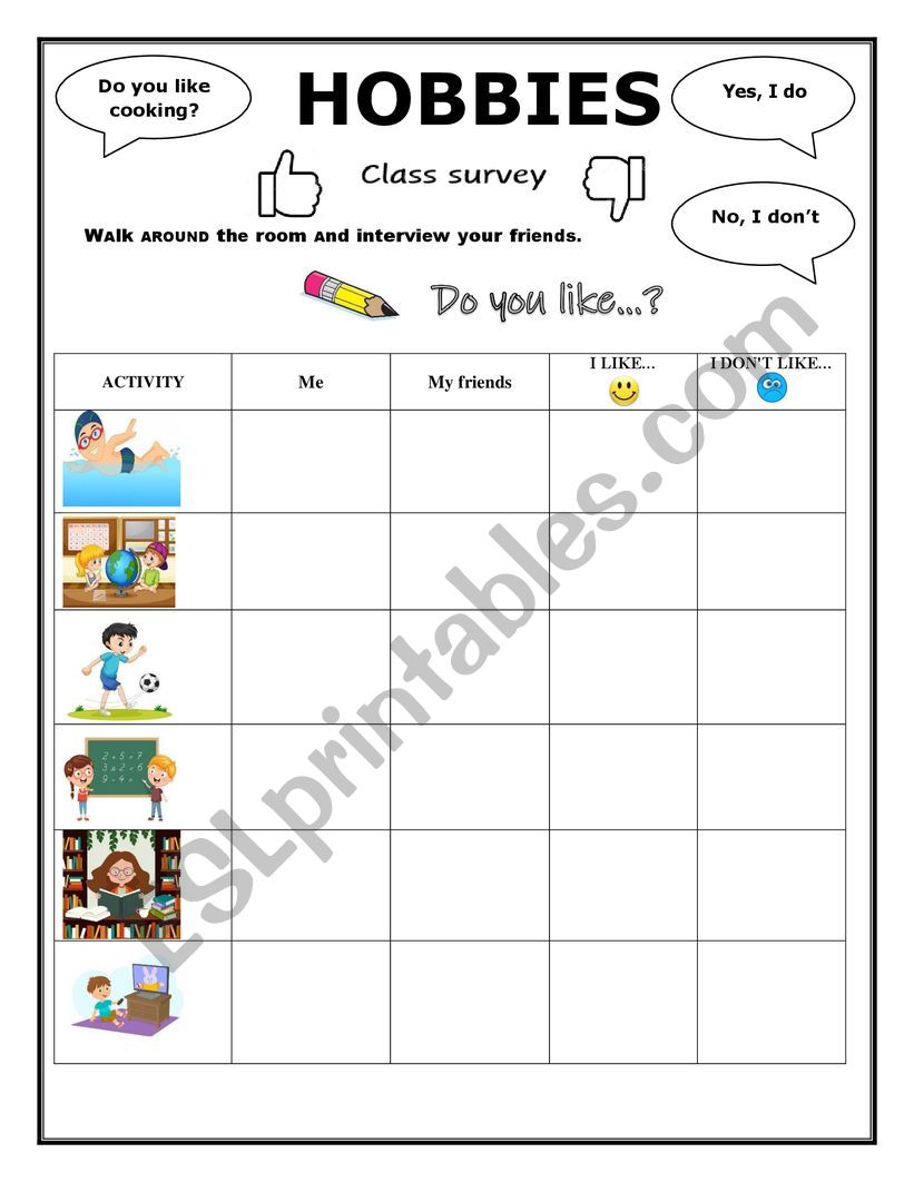 Hobby survey worksheet