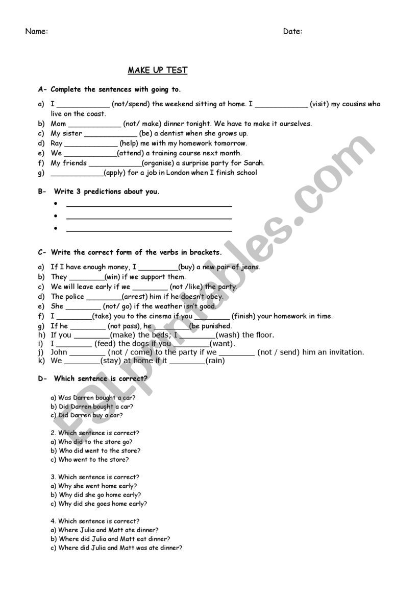 Make up test worksheet