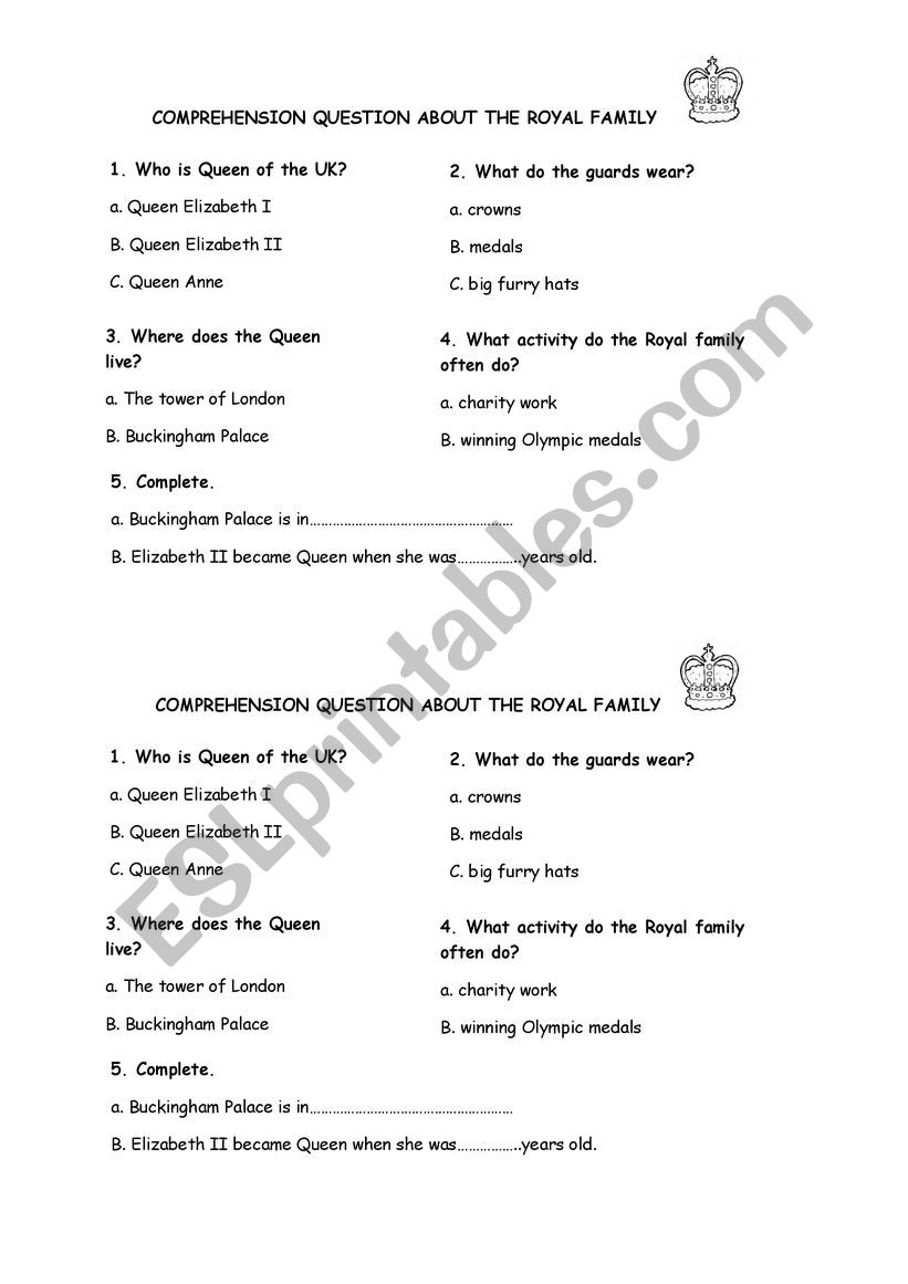 QUIZ ABOUT THE ROYAL FAMILY worksheet