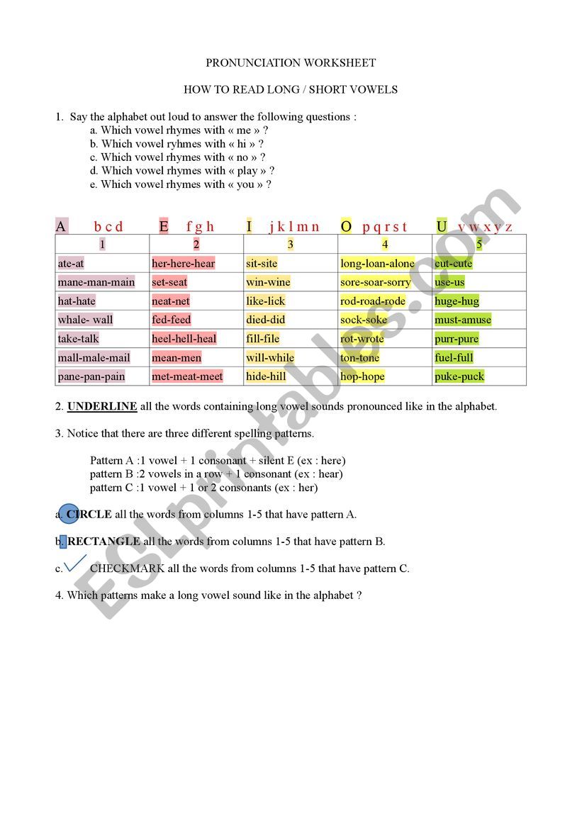 Pronunciation : long vowels worksheet