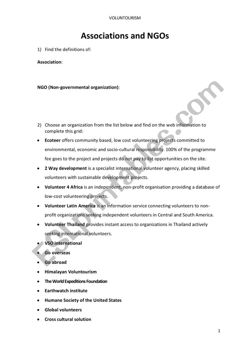 ASSOCIATIONS AND NGOs worksheet