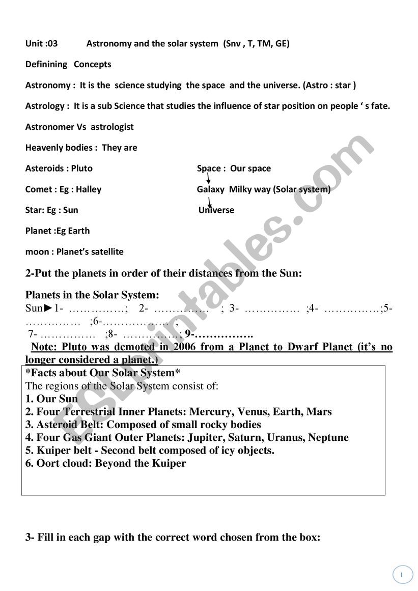 Astronomy introduction worksheet