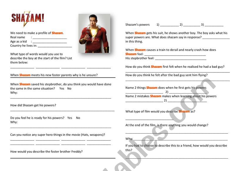 Shazam Movie review worksheet
