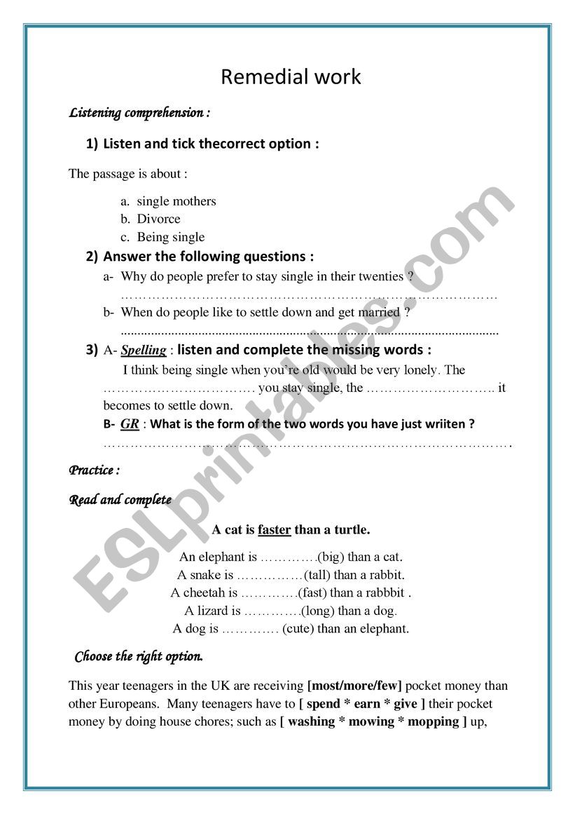 remedial work worksheet