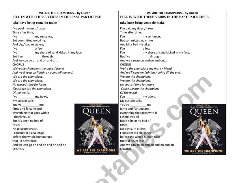 We are the champions by Queen worksheet