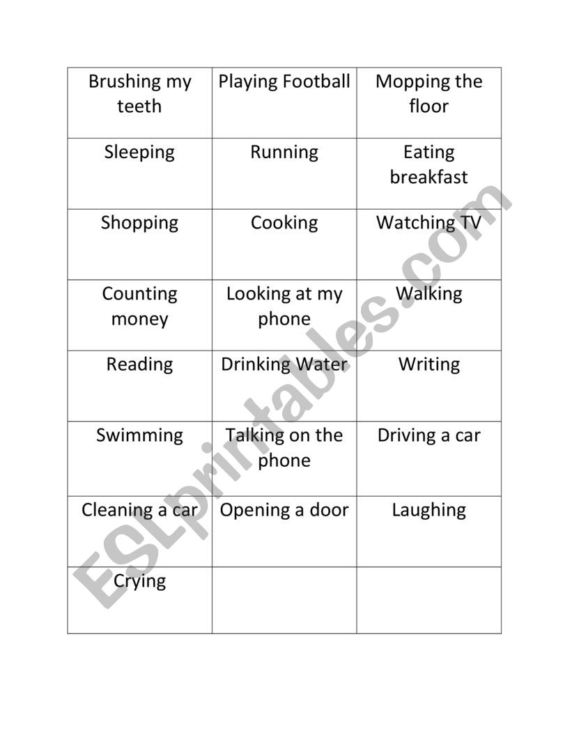 Present Continuous Action Cards for Charades